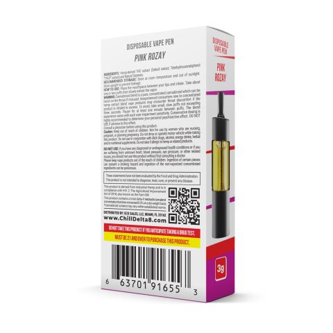 2700mg D8, THCP Vape Pen - Pink Rozay - Indica - 3ml - Thumbnail 3